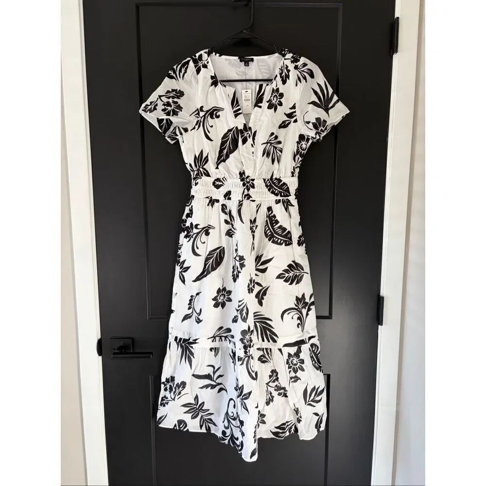 NWT Talbots Flutter Sleeve Midi Dress- Silhouette Palms Size 4P Cotton Pockets